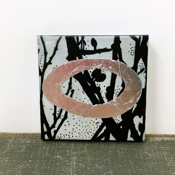 Hand Crafted Other - Miniature Square Gray Black Silver Leaf Branches Ink Drawing on Canvas Wall Art